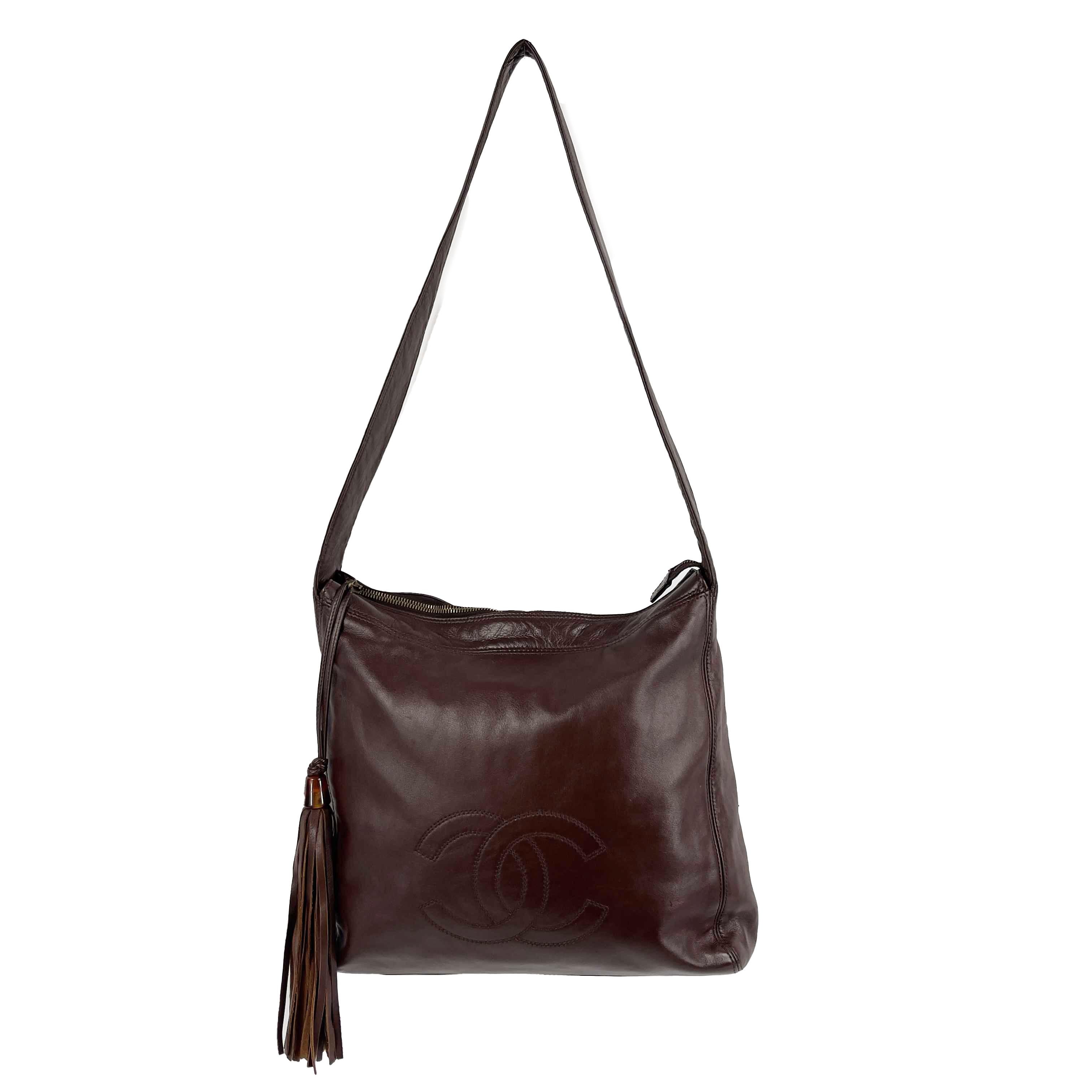CHANEL Vintage Late 90s CC Logo Lambskin Tassel Brown Shoulder Bag 1