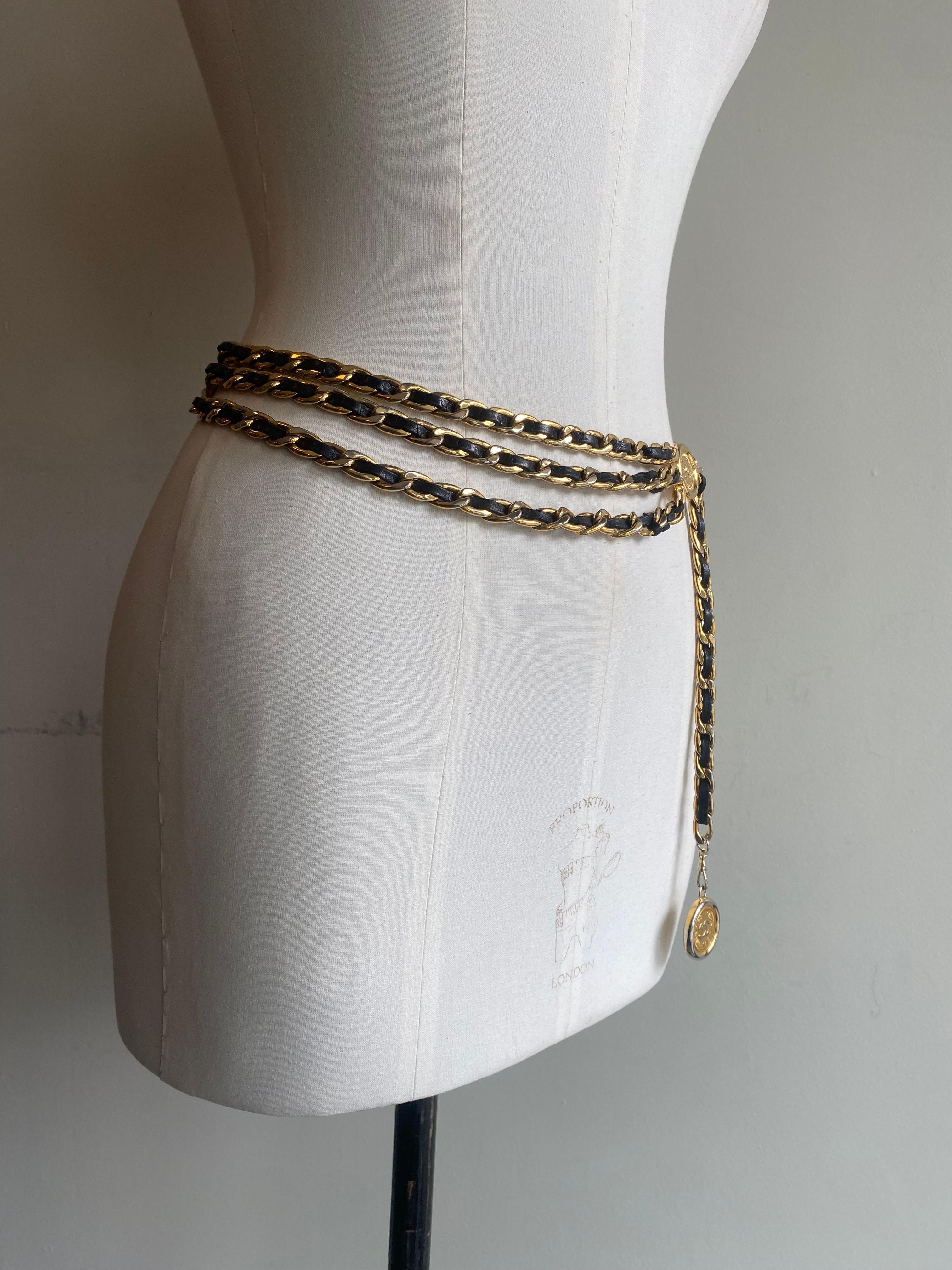 Gray Chanel Vintage Leather & Chain Belt For Sale