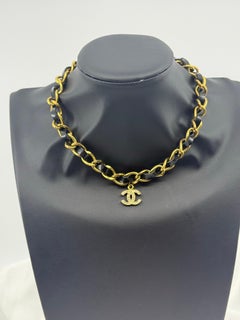 Chanel Vintage Leather & Crystal CC Gold Chain Link Choker Necklace
