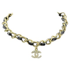 Chanel Vintage Leder & Kristall CC Gold Kette Link Choker Halskette