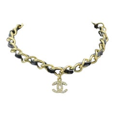 Chanel Vintage Leather & Crystal CC Gold Chain Link Choker Necklace