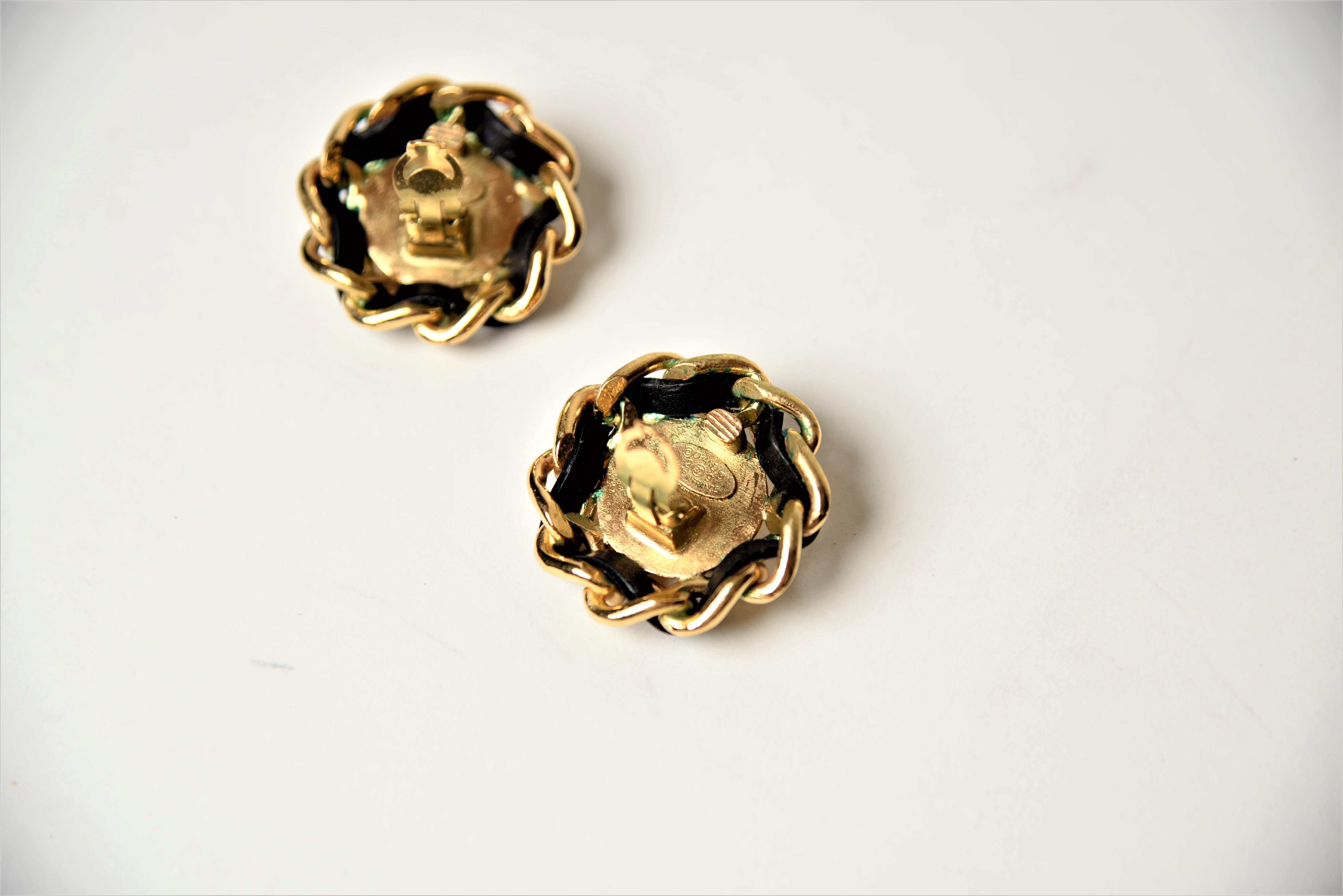 Chanel Vintage Leather Gold Clip Earrings Large  3
