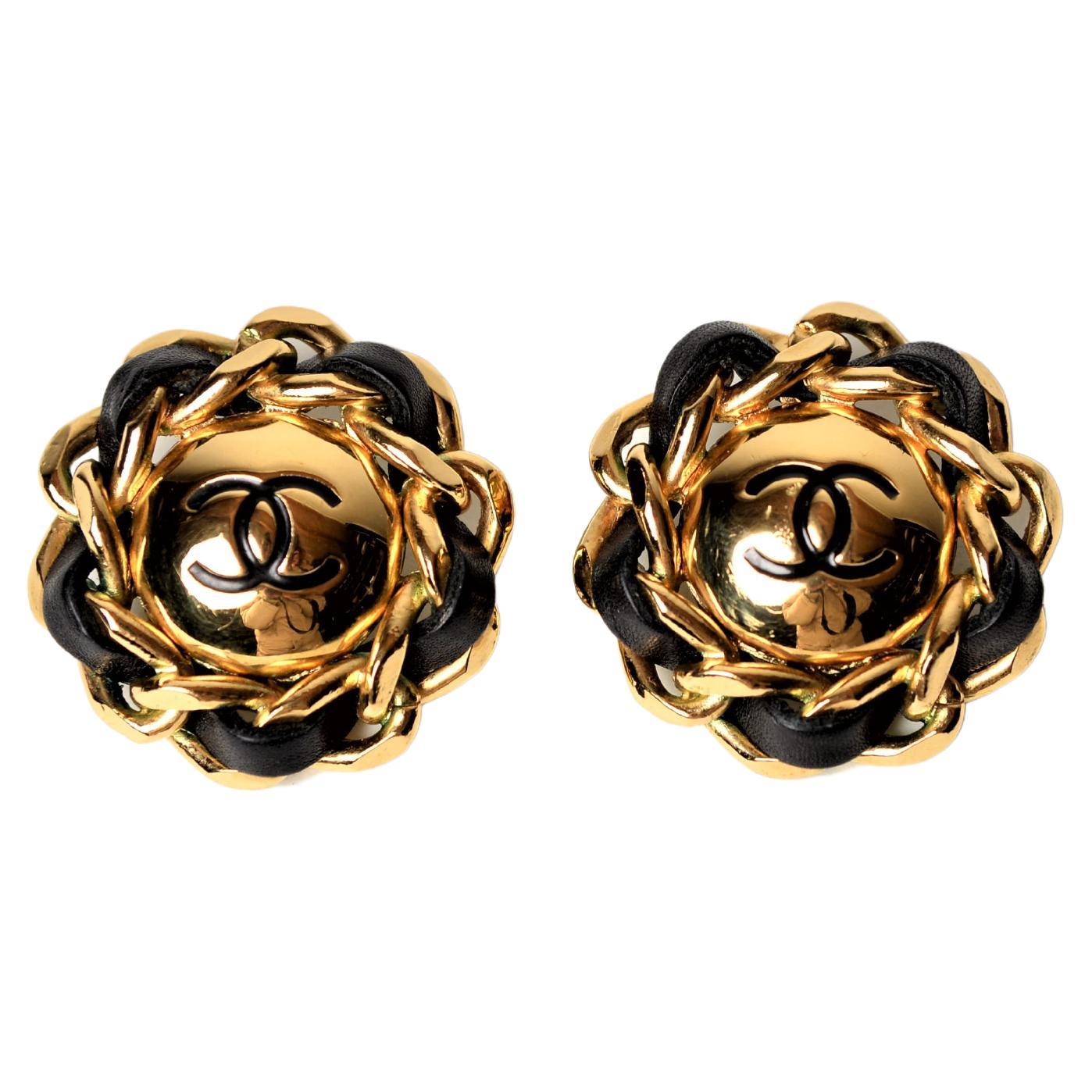 Chanel Vintage Leather Gold Clip Earrings Large 