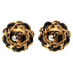 Chanel Vintage Leather Gold Clip Earrings Large 