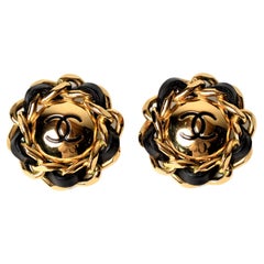Chanel Vintage Leather Gold Clip Earrings Large