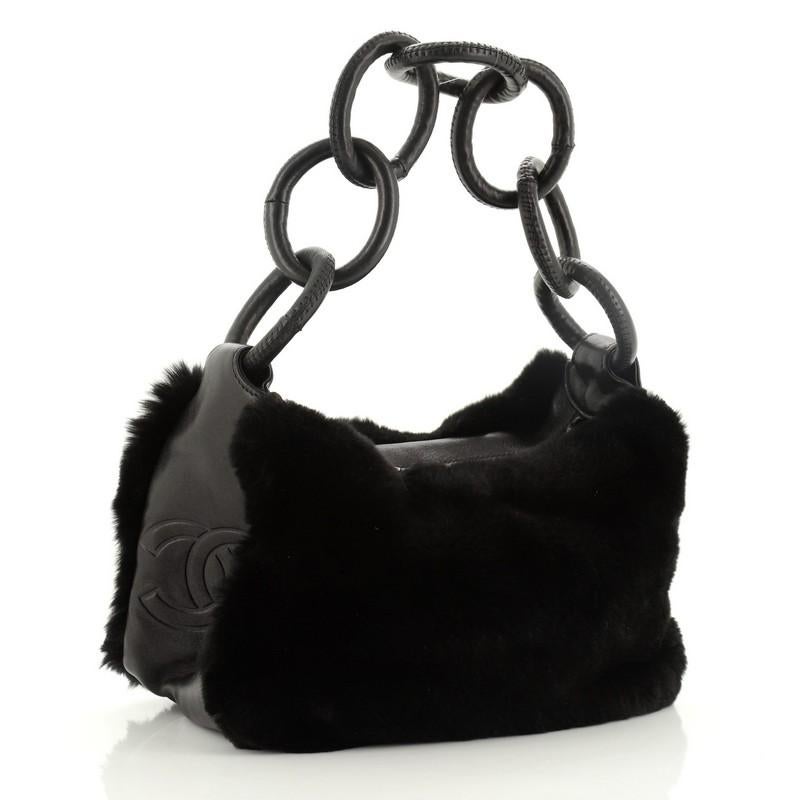 Black Chanel Vintage Leather Ring Handle Hobo Fur with Leather Medium