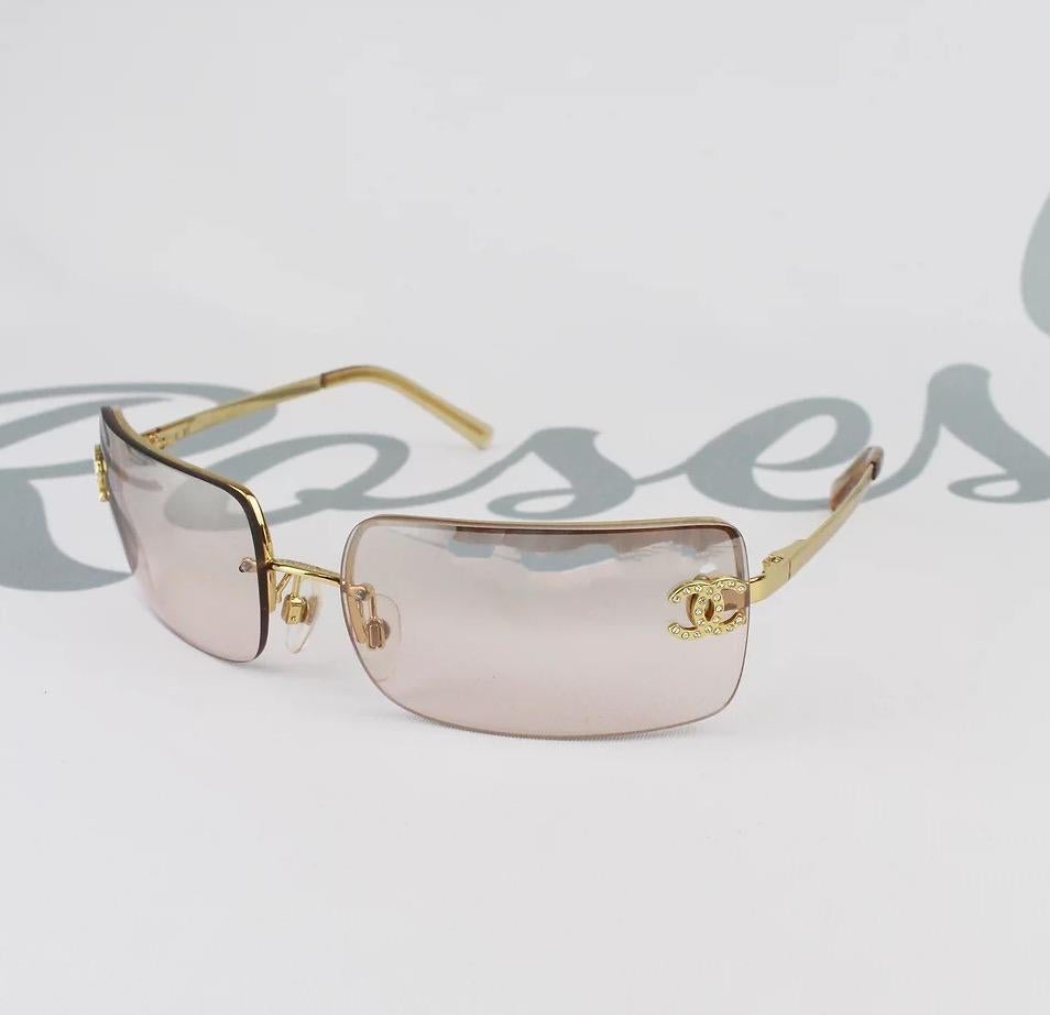 Chanel Vintage Light Brown Gold Crystal CC Color Tinted Rimless Kylie Sunglasses In Good Condition In Chicago, IL