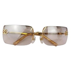 Chanel Used Light Brown Gold Crystal CC Color Tinted Rimless Kylie Sunglasses