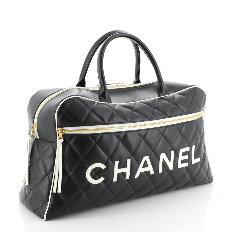 Black Chanel Vintage Logo Bowler Bag Quilted Lambskin Large
