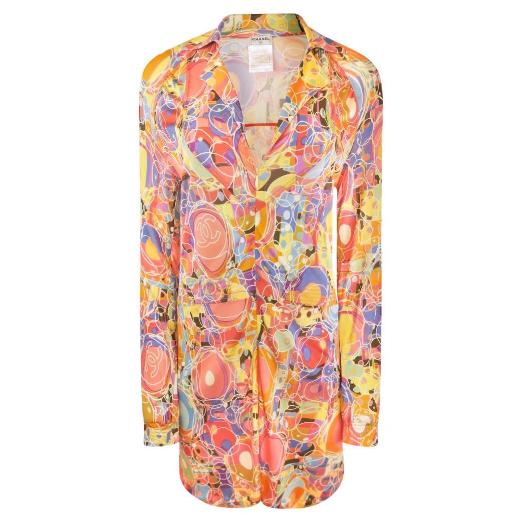 CHANEL Vintage Long Sleeve Abstract Retro Psychedelic Print Zip Front Silk Dres