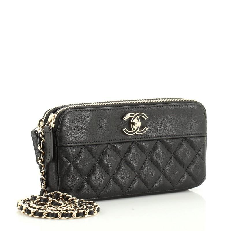 Black Chanel Vintage Mademoiselle Double Zip Clutch With Chain Quilted Sheepskin