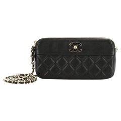 Chanel Vintage Mademoiselle Double Zip Clutch With Chain Quilted Sheepskin