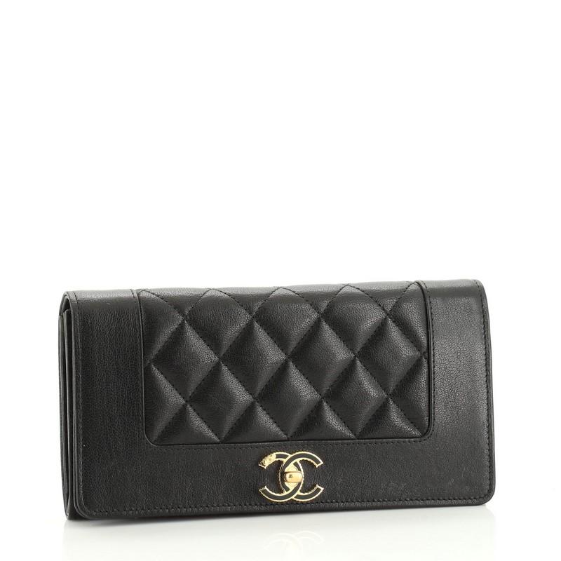 Black Chanel Vintage Mademoiselle Wallet Quilted Sheepskin Long