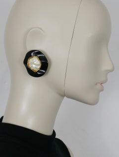 CHANEL Vintage Massive Creased Black Resin Faux Pearl Clip On Earrings, 1990