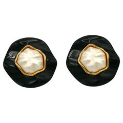 CHANEL Vintage Massive Creased Black Resin Faux Pearl Clip On Earrings, 1990