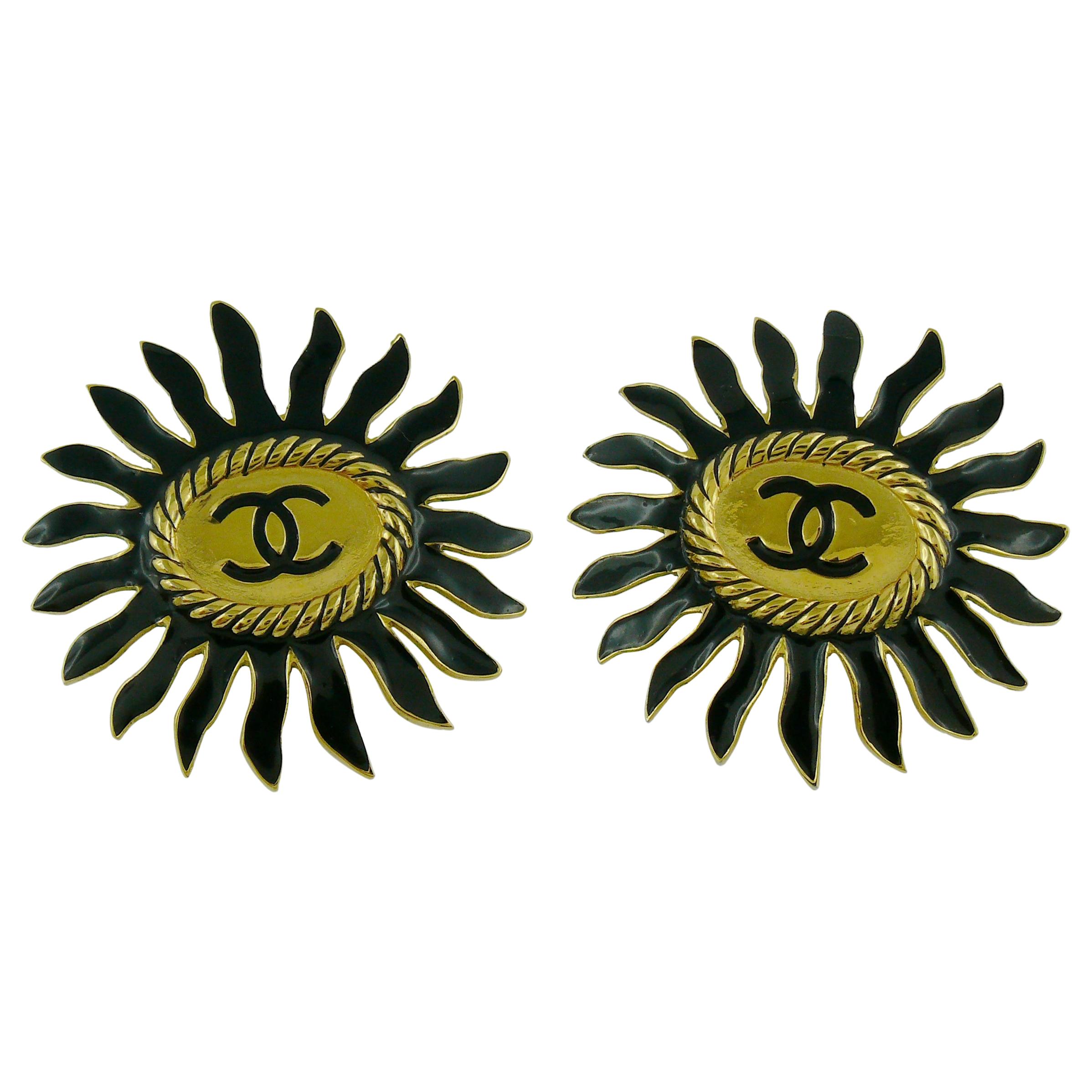 Chanel Vintage Massive Enamel Sunburst Clip On Earrings with CC Monogram