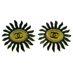 Chanel Vintage Massive Enamel Sunburst Clip On Earrings with CC Monogram