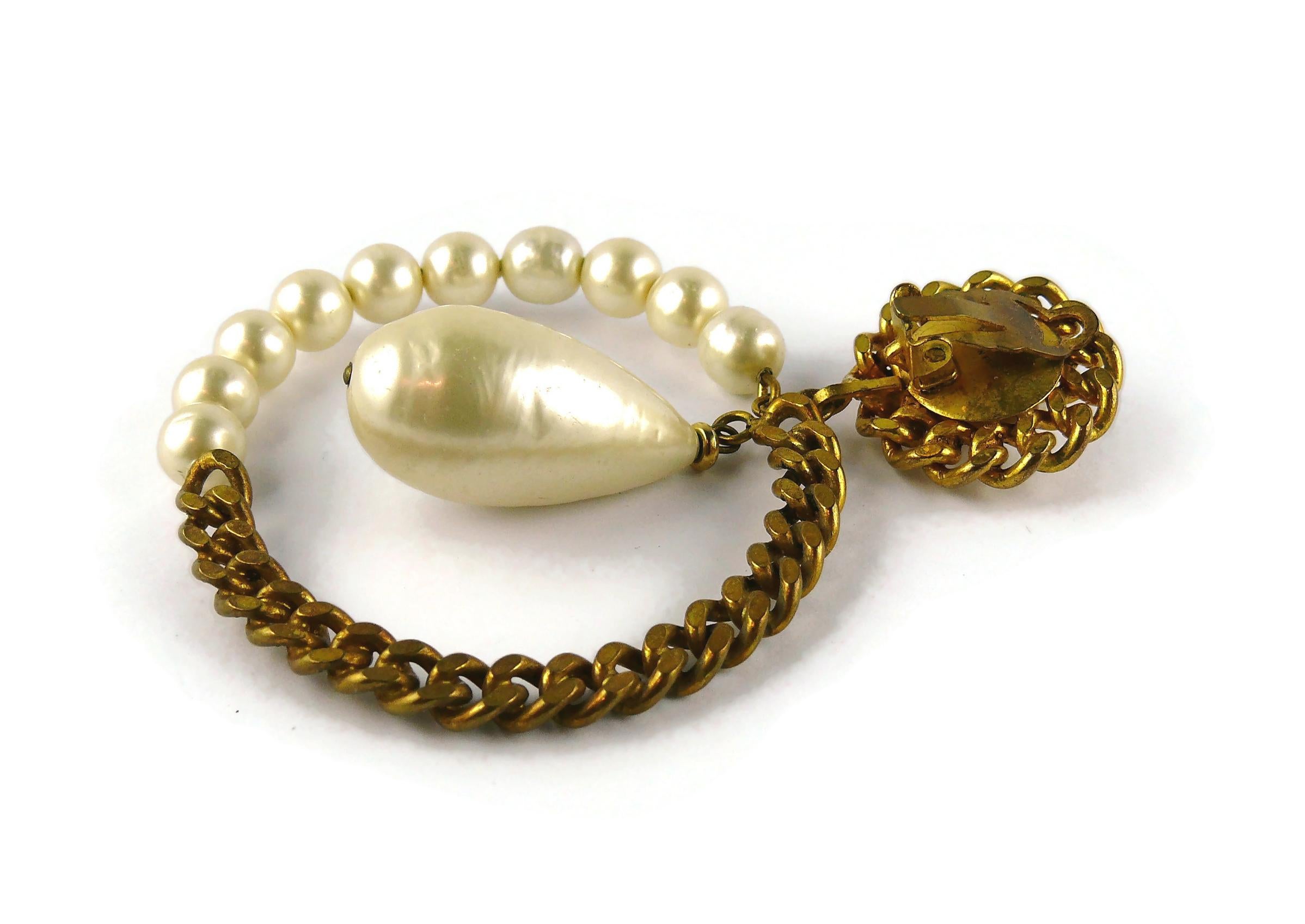 Chanel Vintage Massive Gold Toned Chain and Pearl Hoop Earrings For Sale 4