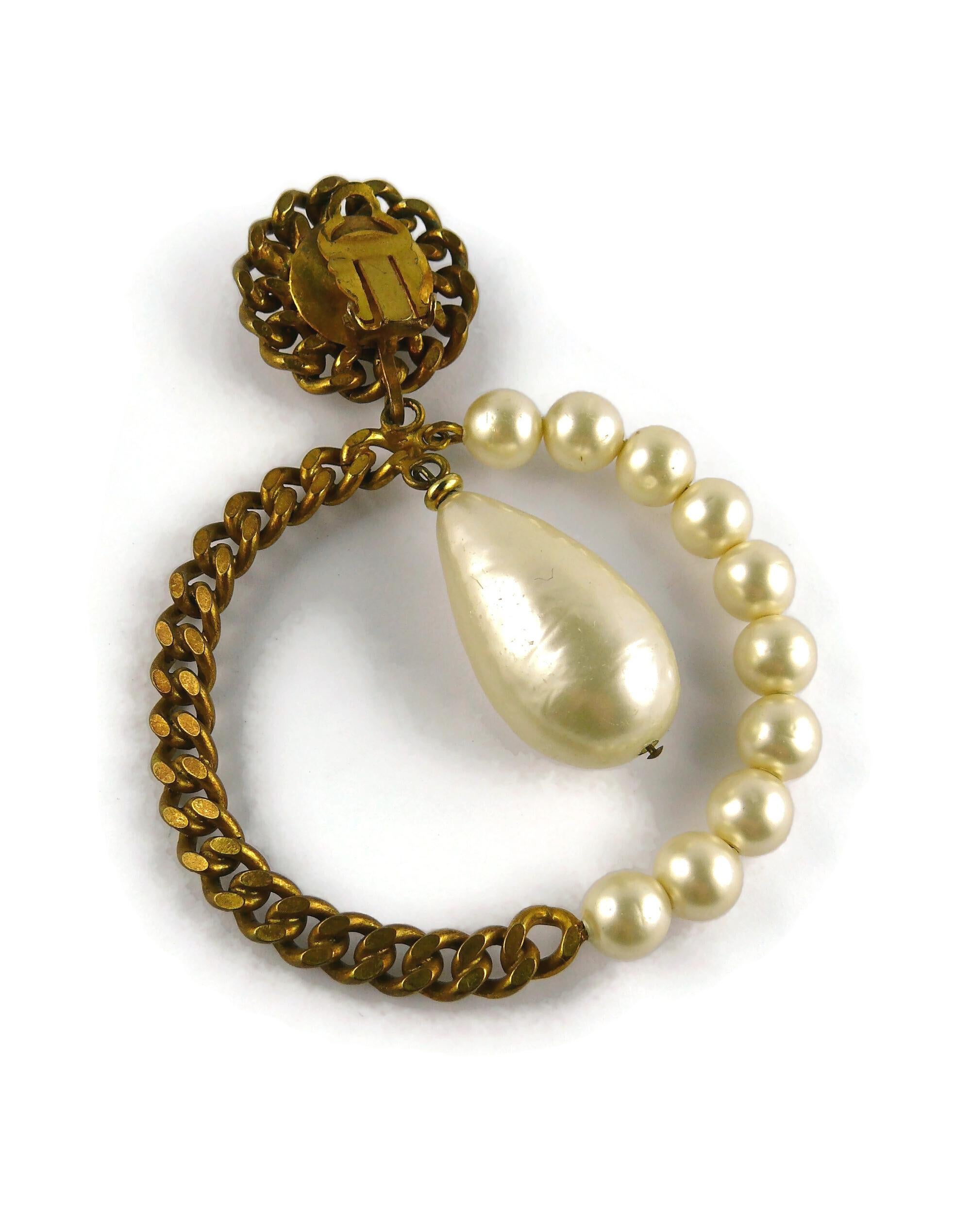 Chanel Vintage Massive Gold Toned Chain and Pearl Hoop Earrings For Sale 5