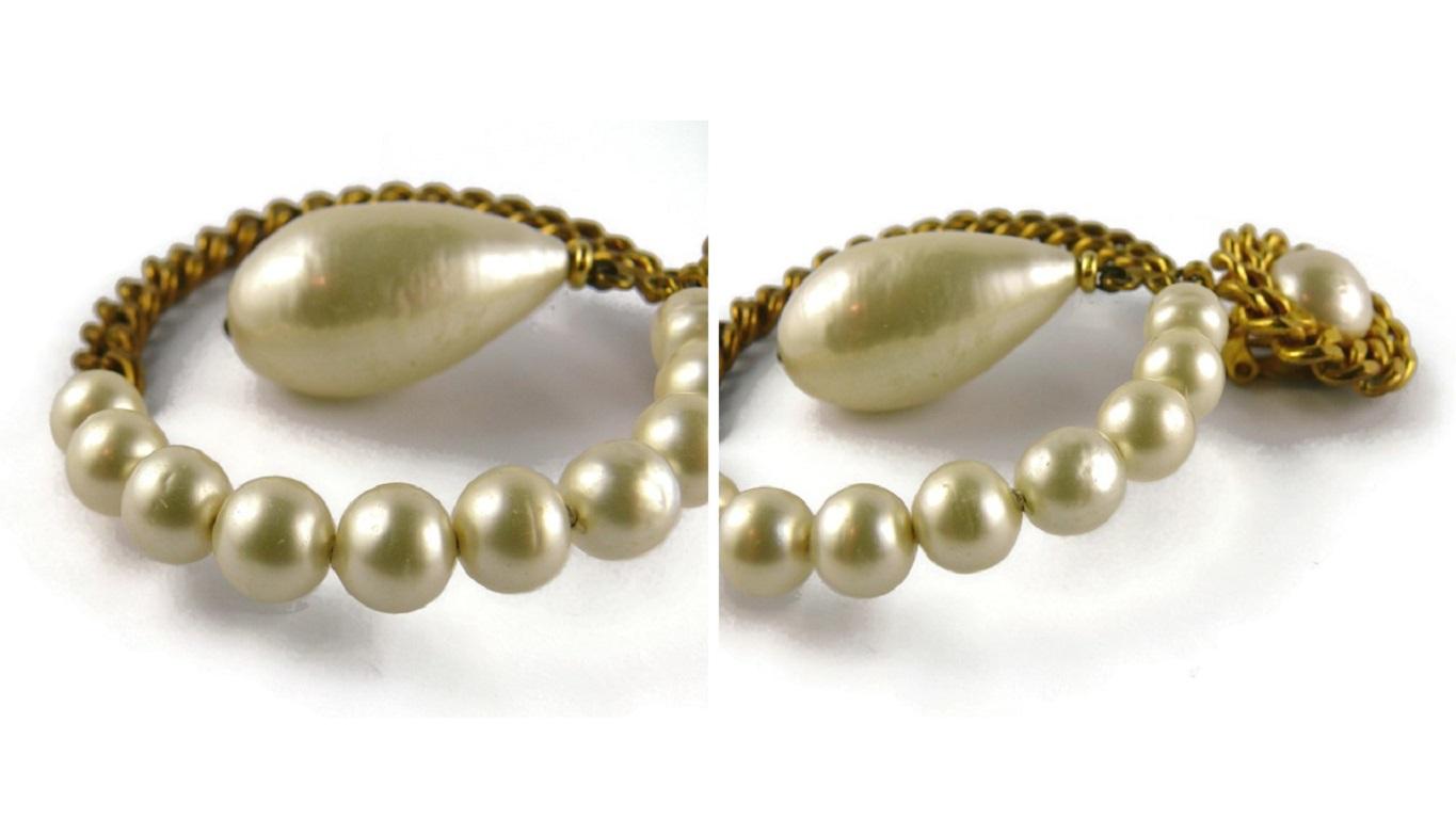 Chanel Vintage Massive Gold Toned Chain and Pearl Hoop Earrings For Sale 11