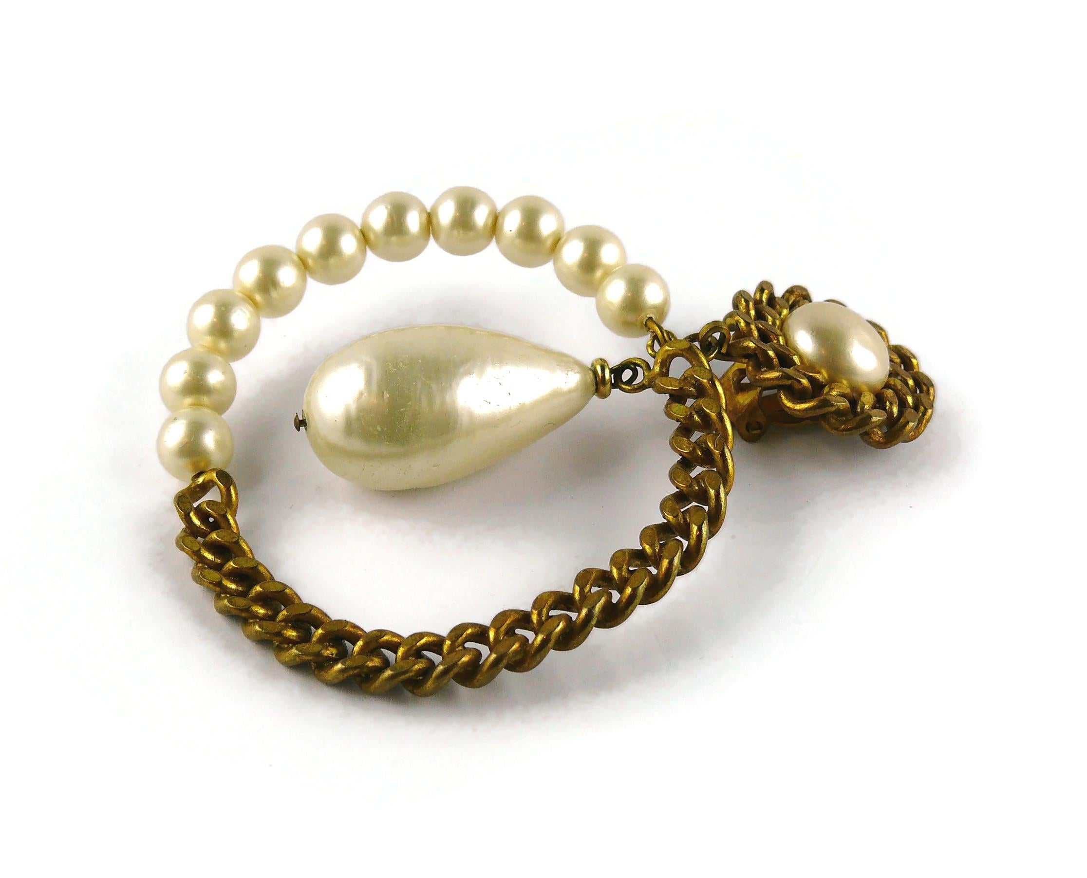 Chanel Vintage Massive Gold Toned Chain and Pearl Hoop Earrings For Sale 1