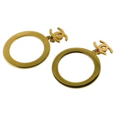 Chanel Vintage Massive Icone Toned Gold Hoop Dangling Earrings