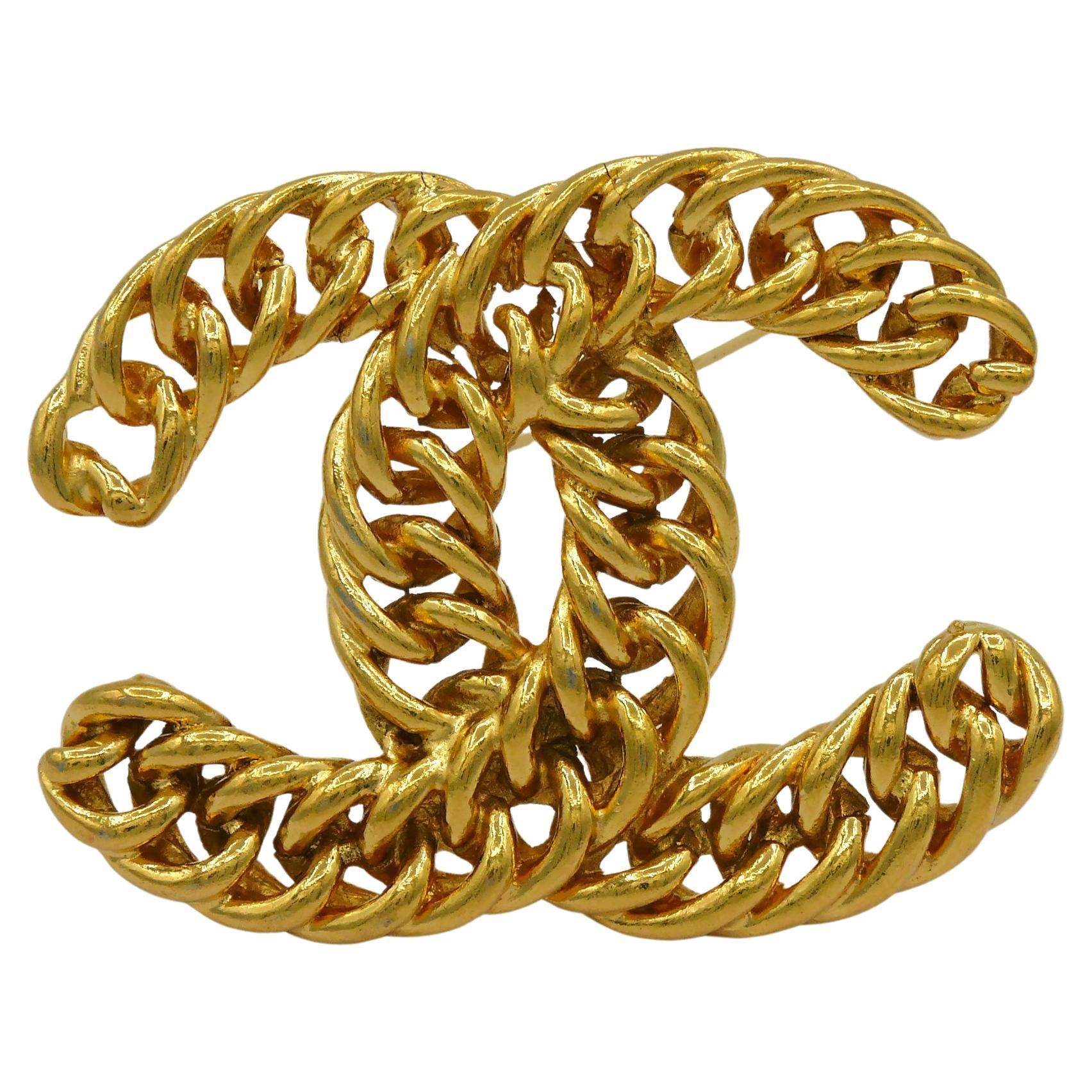 Chanel Vintage Massive Iconic Gold Tone Curb Chain Logo Brooch