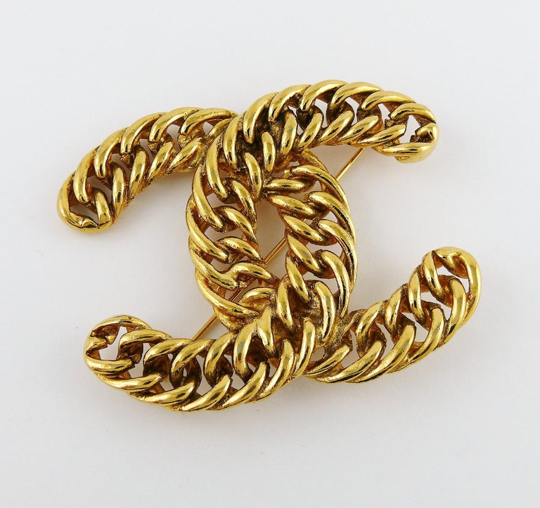 Chanel Vintage Massive Iconic Gold Toned Curb Chain Logo Brooch at