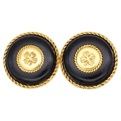 Chanel Vintage Massive Large Lucky Four Leaf Clover Black Circle Clip Earrings