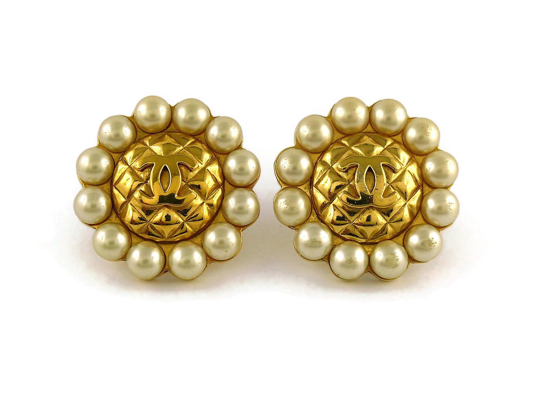 Women's Chanel Vintage Massive Quilted CC Logo Pearl Clip On Earrings