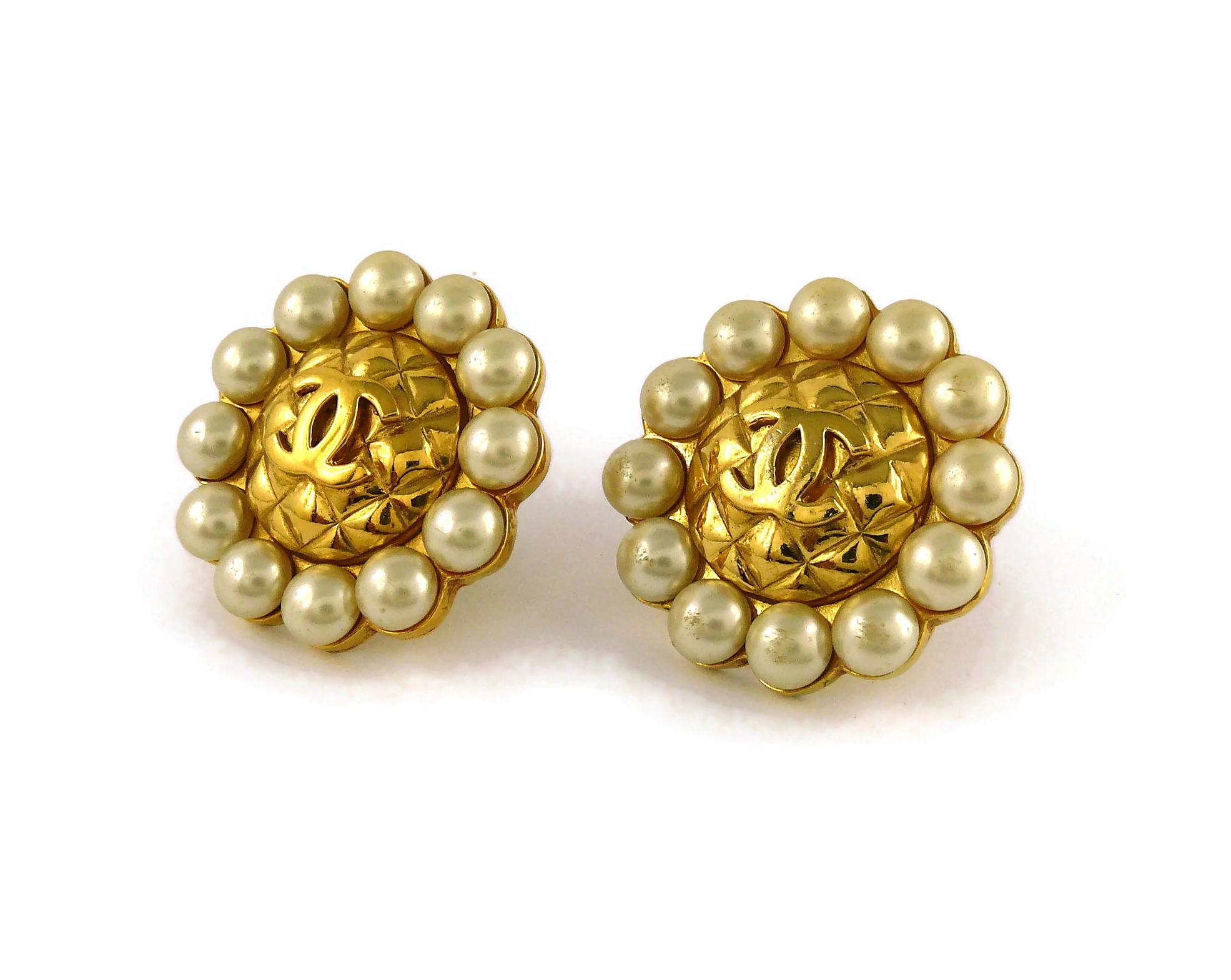 Chanel Vintage Massive Quilted CC Logo Pearl Clip On Earrings 1