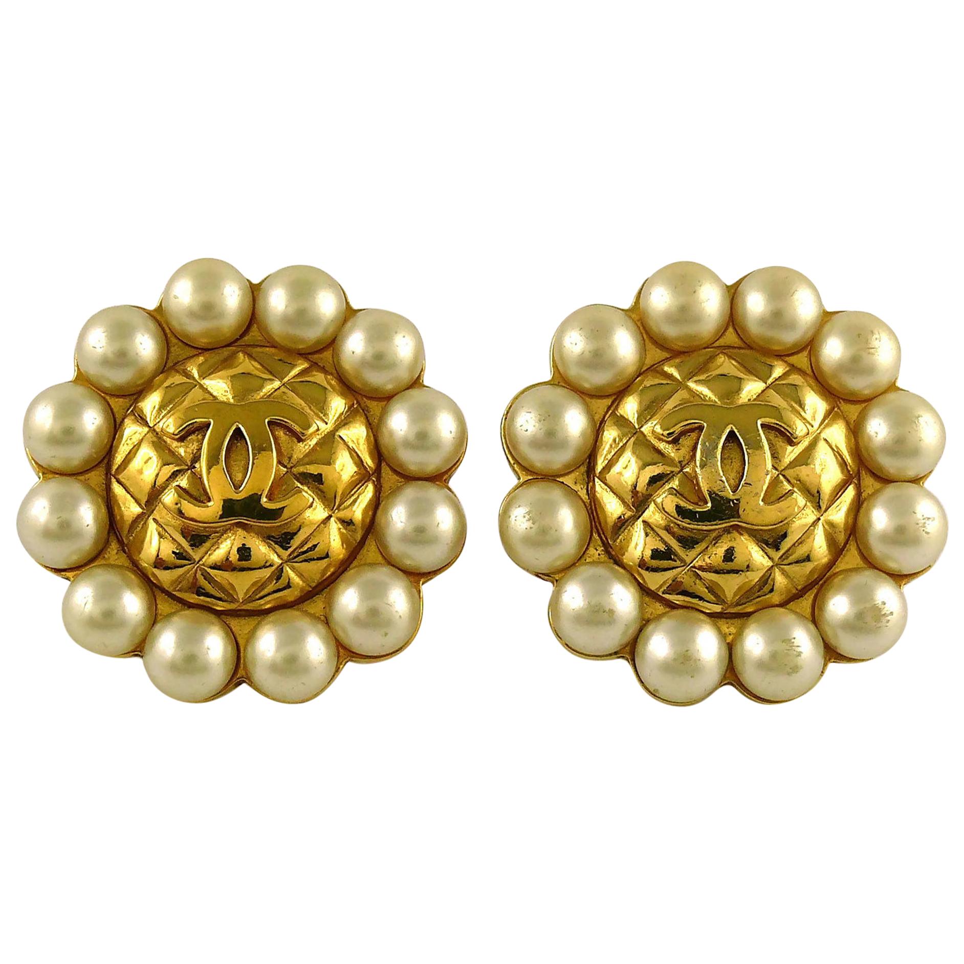 Chanel Vintage Massive Quilted CC Logo Pearl Clip On Earrings