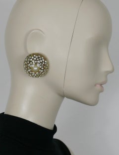 CHANEL Vintage Massive Resin Faux Pearl Crystals Domed Clip On Earrings