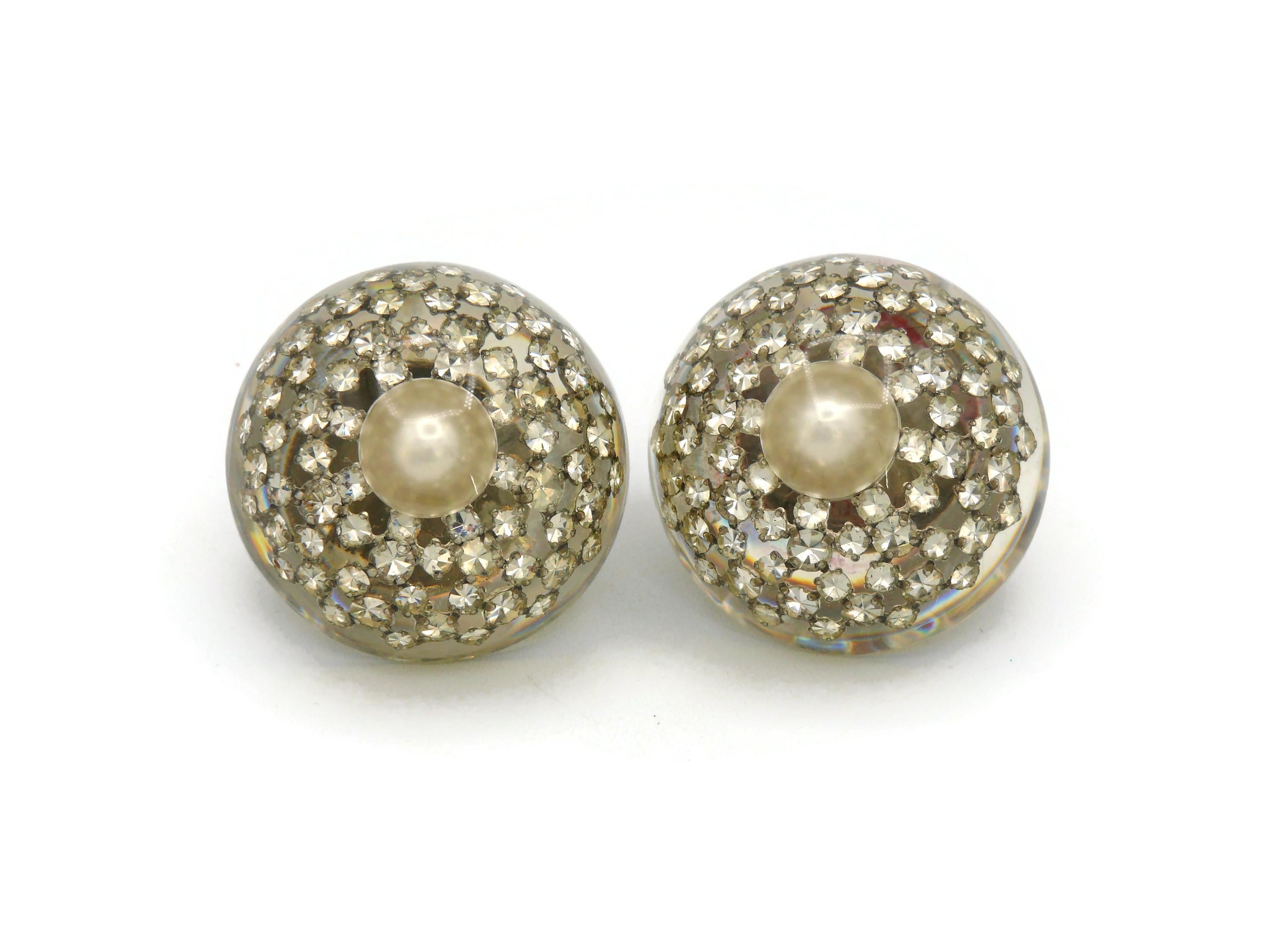 Women's CHANEL Vintage Massive Resin Faux Pearl Crystals Domed Clip On Earrings For Sale