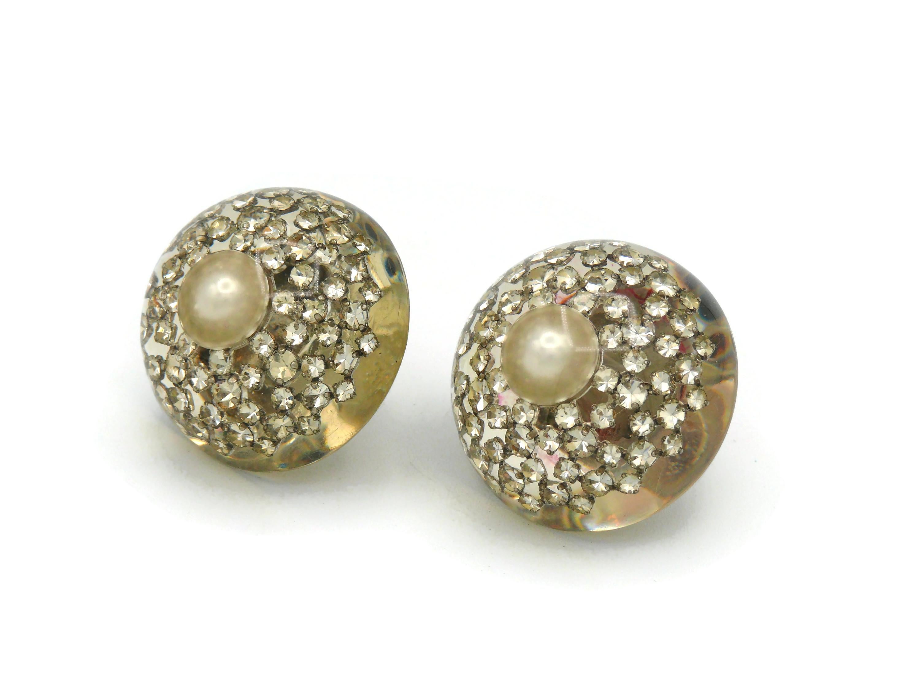 CHANEL Vintage Massive Resin Faux Pearl Crystals Domed Clip On Earrings For Sale 1
