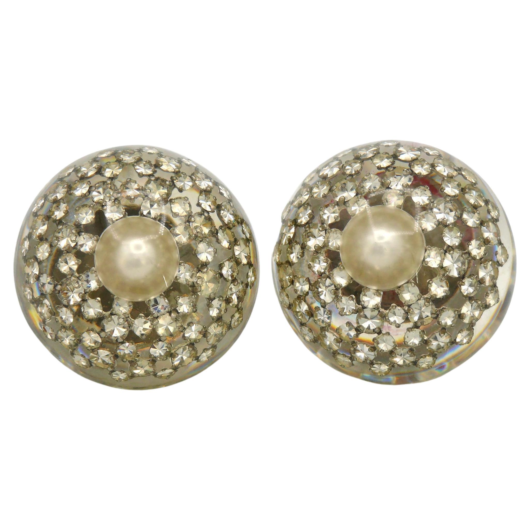 CHANEL Vintage Massive Resin Faux Pearl Crystals Domed Clip On Earrings For Sale