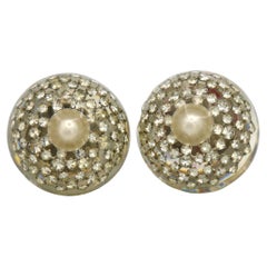 CHANEL Vintage Massive Resin Faux Pearl Crystals Domed Clip On Earrings