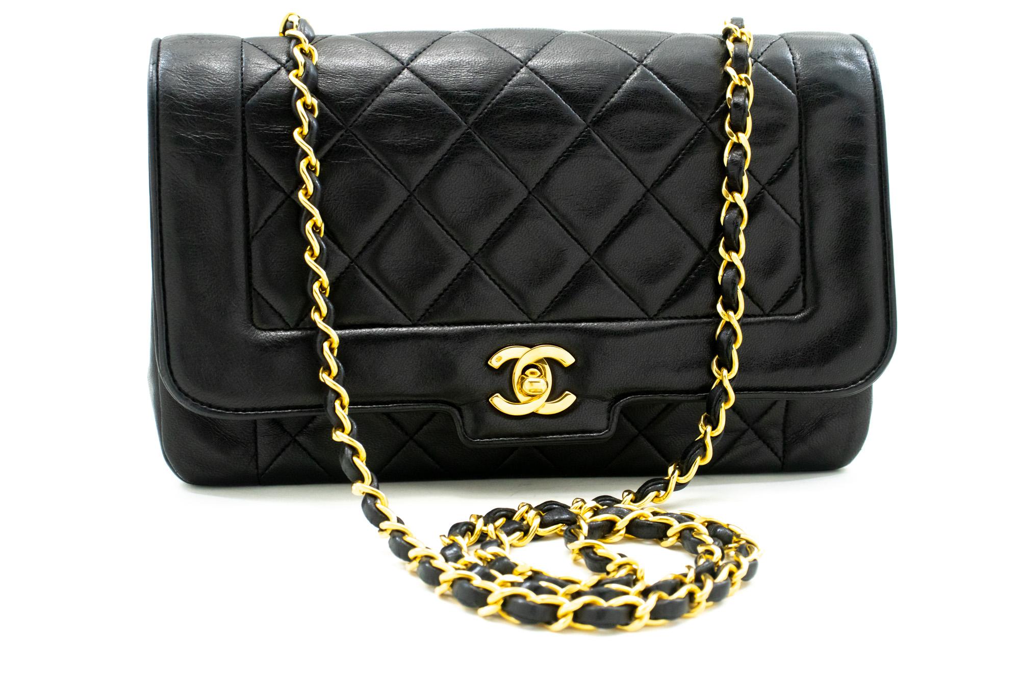 An authentic CHANEL Vintage Medium Chain Shoulder Bag Black made of black Lambskin Quilted. The color is Black. The outside material is Leather. The pattern is Solid. This item is Vintage / Classic. The year of manufacture would be