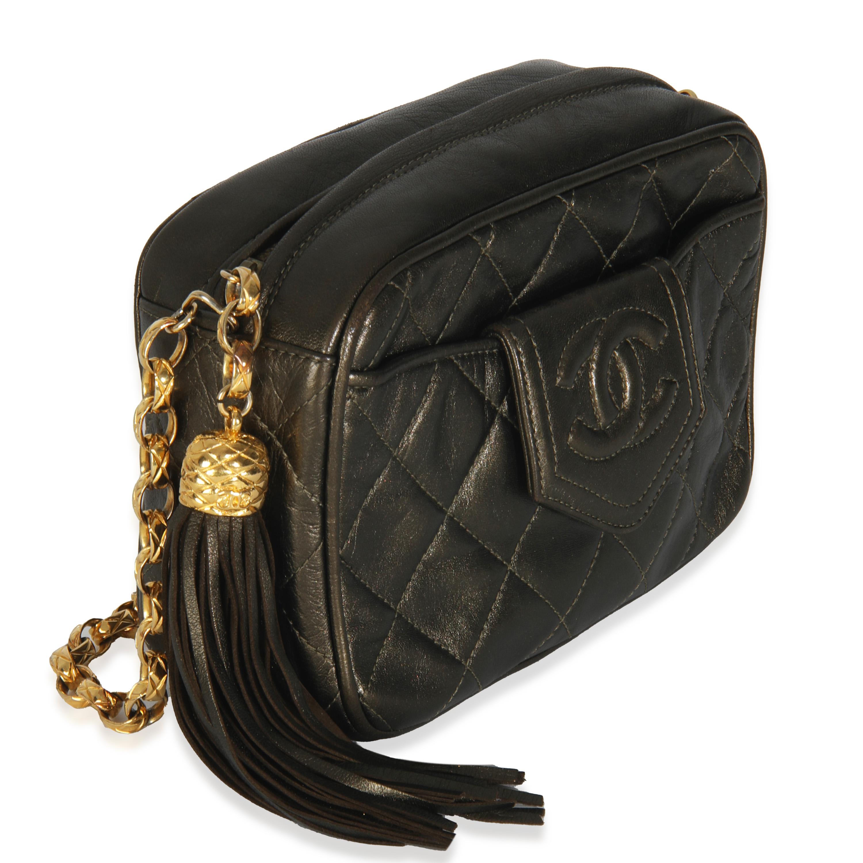 Black Chanel Vintage Metallic Green Quilted Lambskin Tassel Camera Bag For Sale
