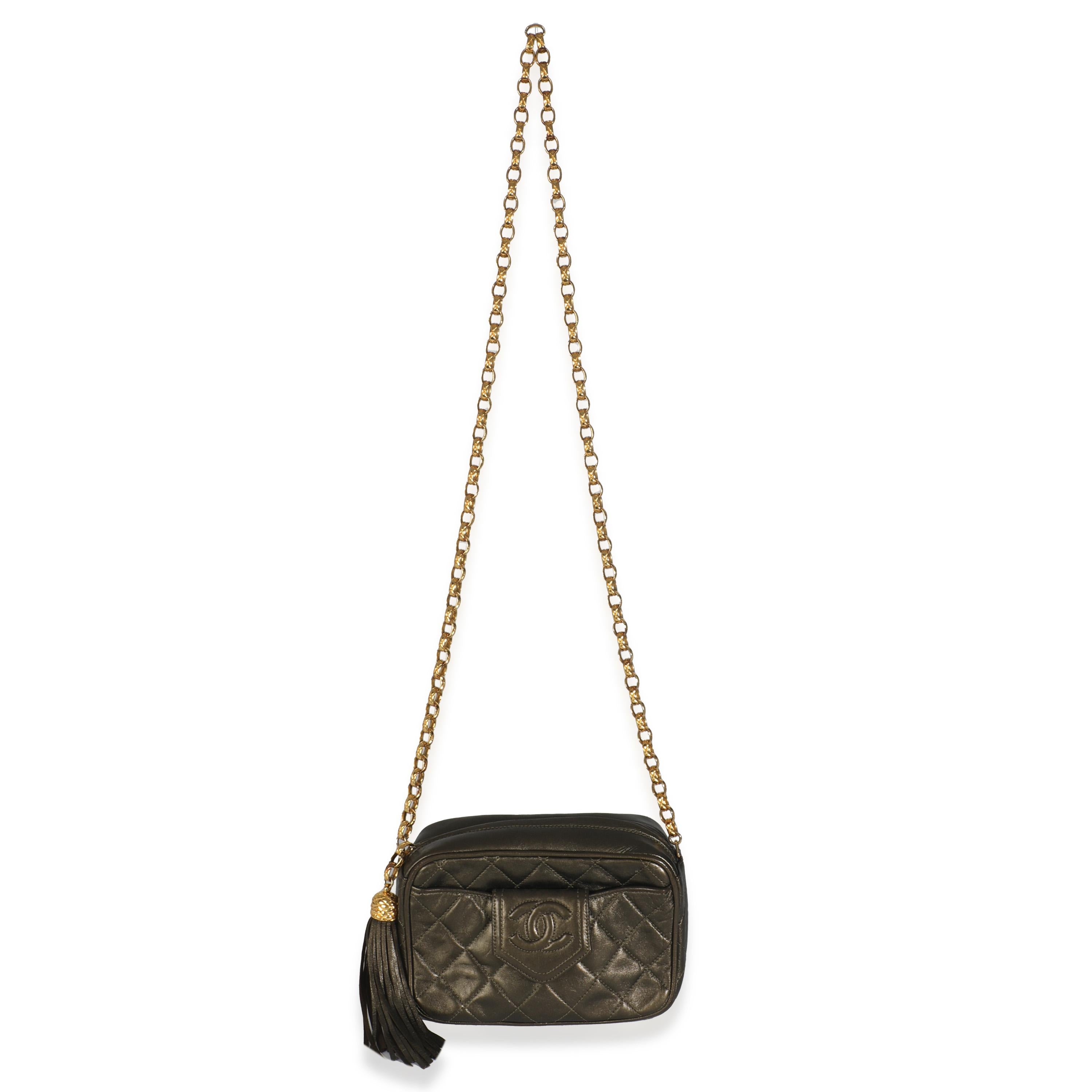 Chanel Vintage Metallic Green Quilted Lambskin Tassel Camera Bag For Sale 1