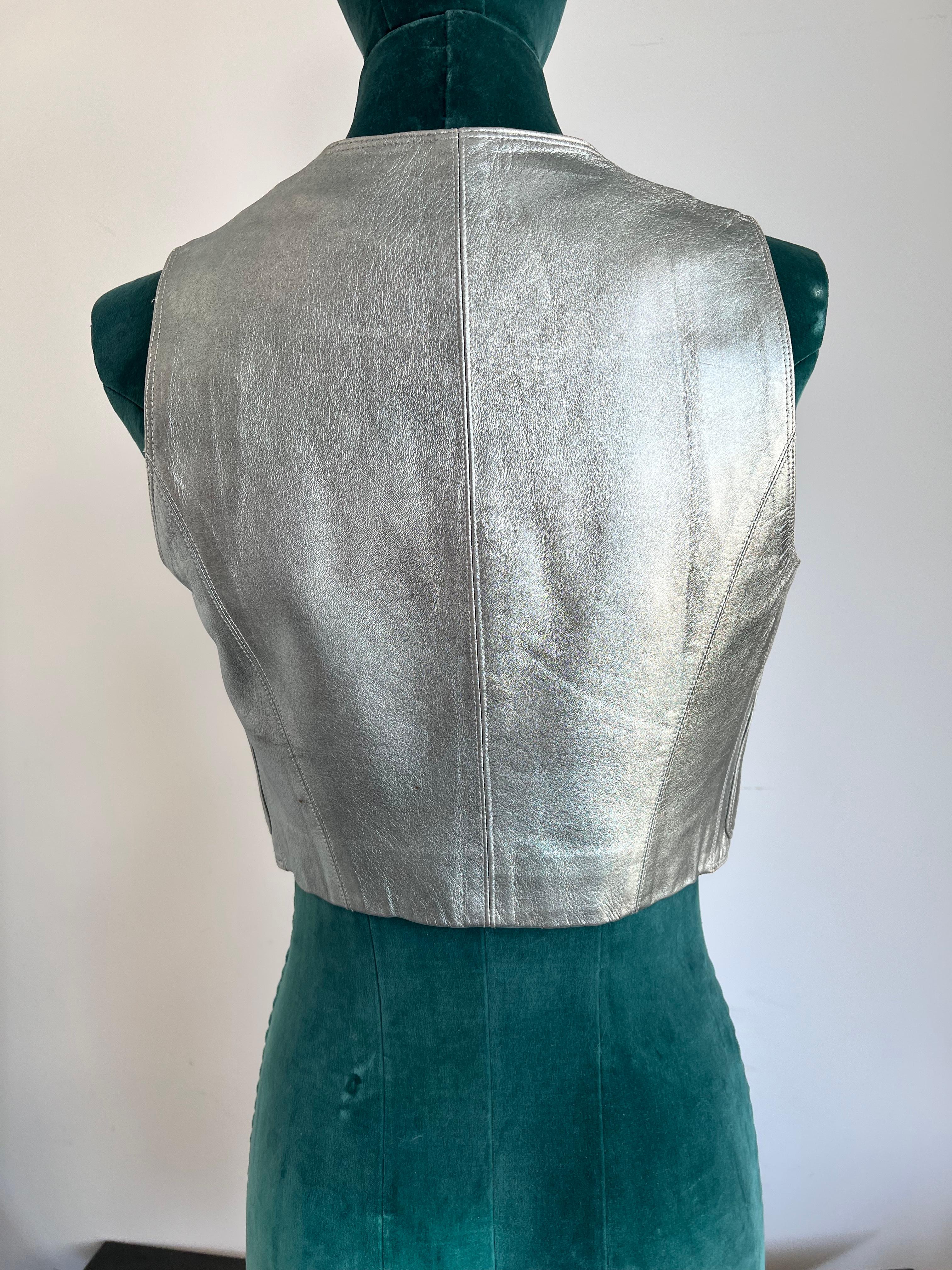 Women's Chanel Vintage Metallic Leather Fitted Vest with CC Logo Button and 2 Front