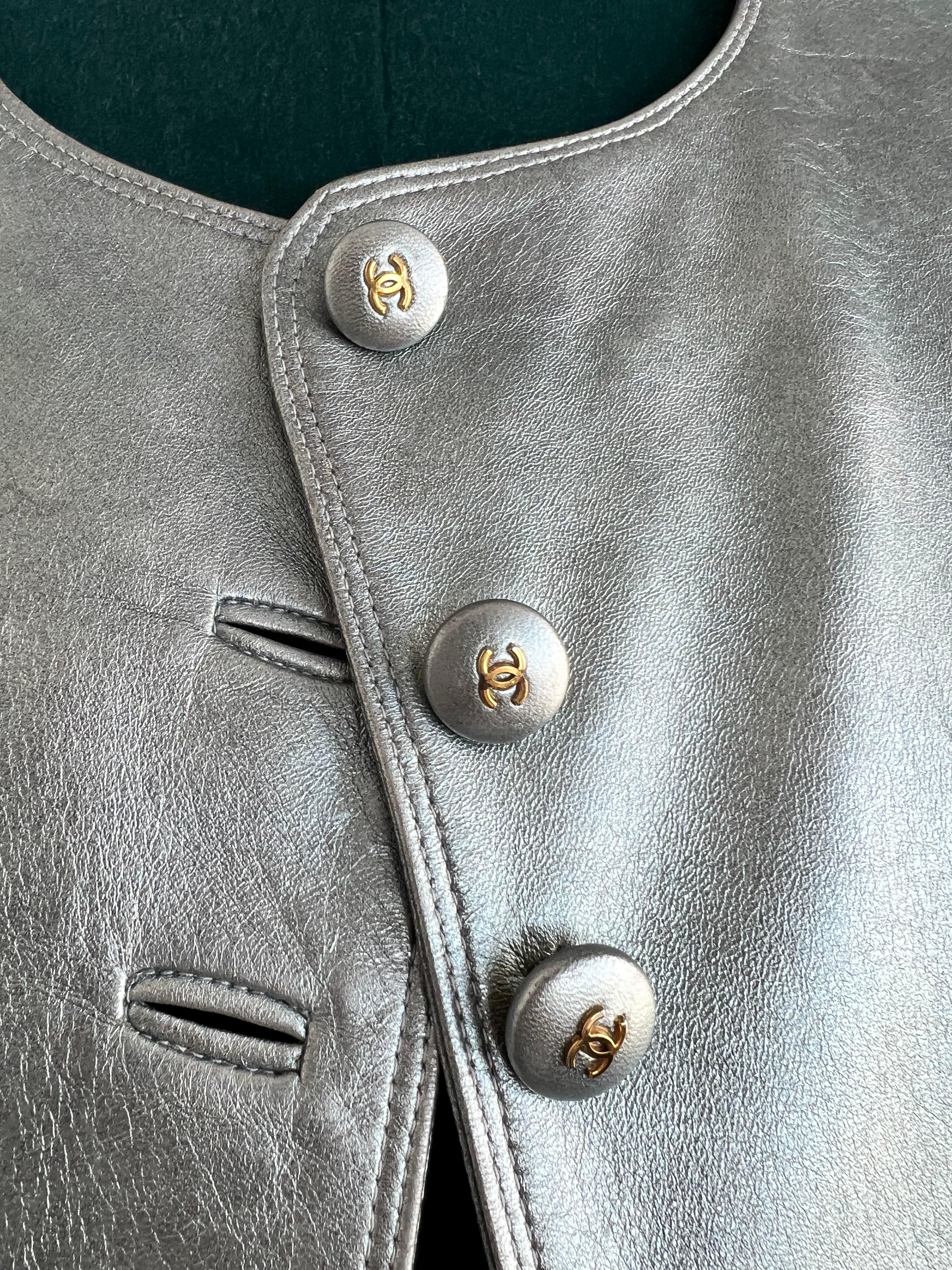 Chanel Vintage Metallic Leather Fitted Vest with CC Logo Button and 2 Front 1