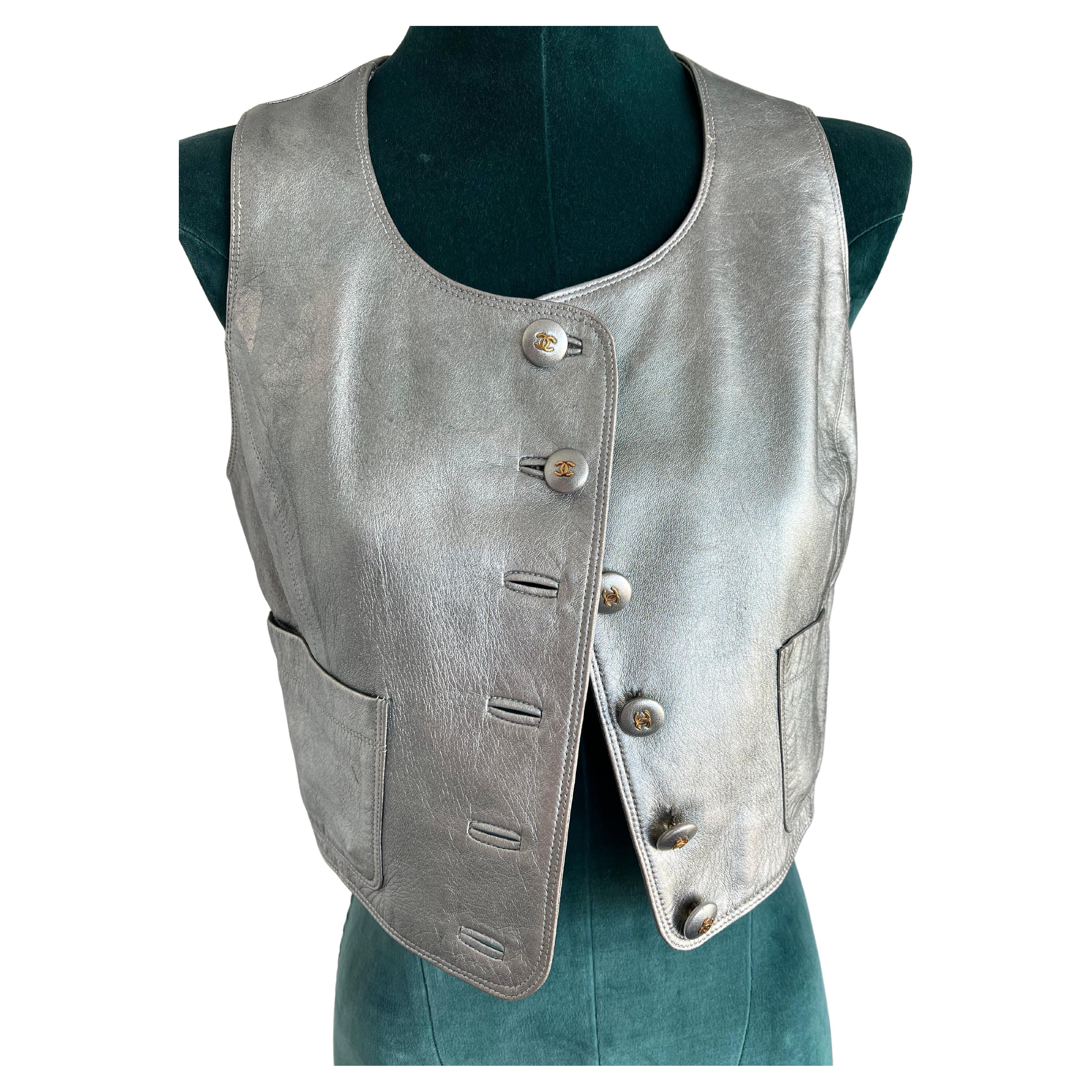 Chanel Vintage Metallic Leather Fitted Vest with CC Logo Button and 2 Front  For Sale at 1stDibs | chanel leather vest