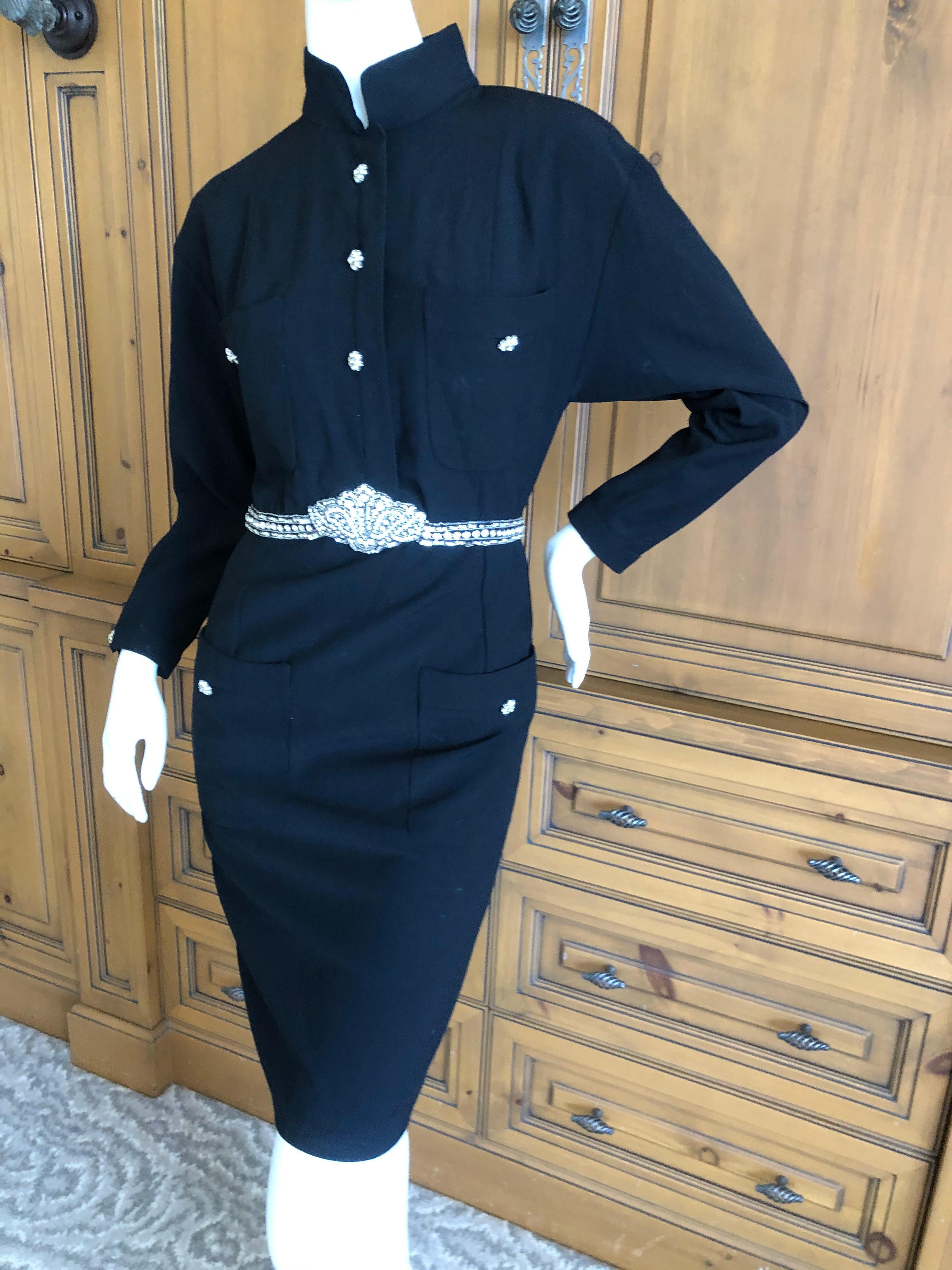 Chanel Vintage Military Style Little Black Dress with Maison Lesage Embellished Jewel Belt.
Beautiful cast crystal buttons are ornamental, there is a zipper up the back.
The tromp l'oeil belt is a superb example of Masion Lesage's excellence. It is