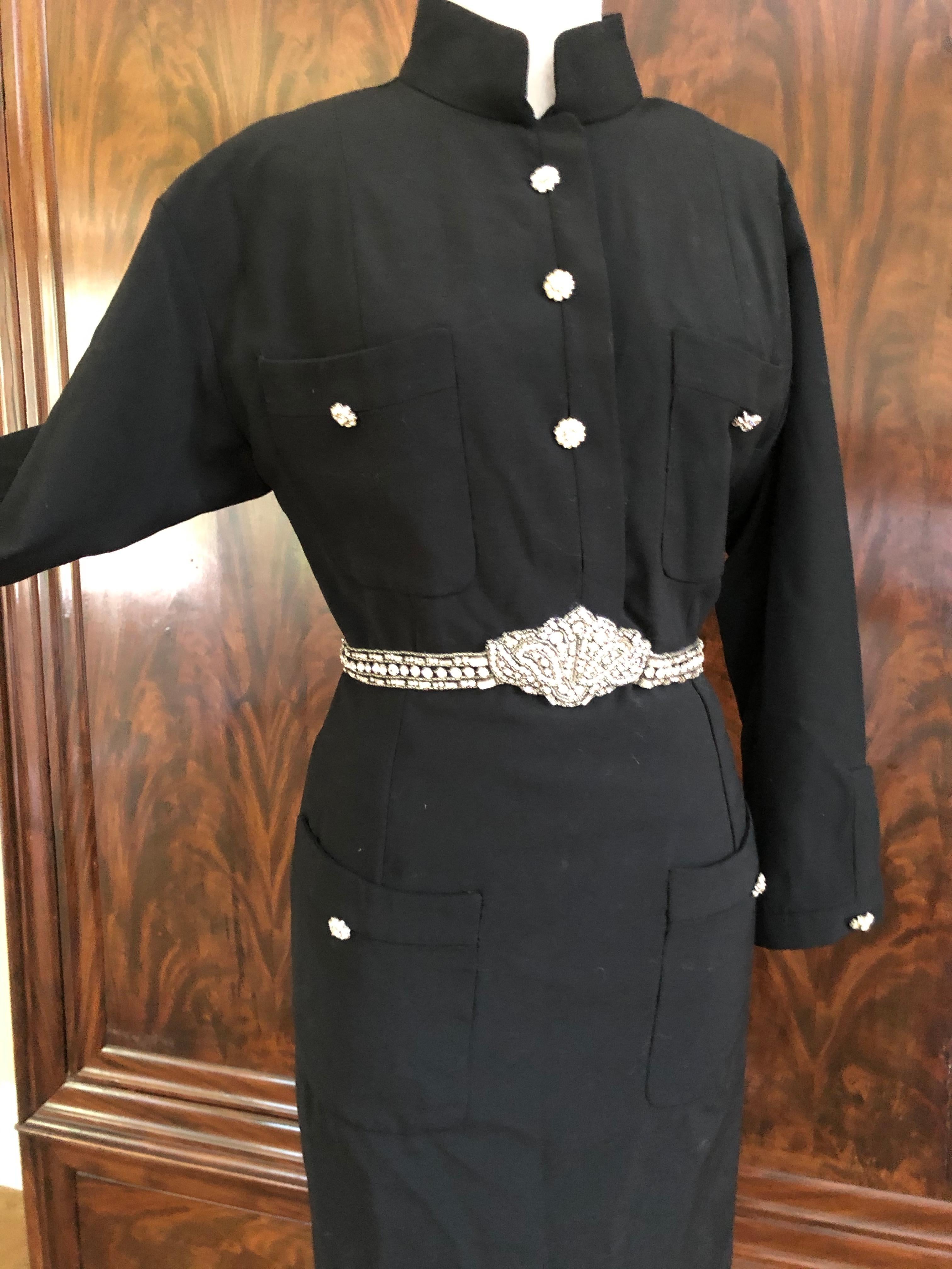 Chanel Vintage Military Style Little Black Dress with Crystal Embellished Belt For Sale 1