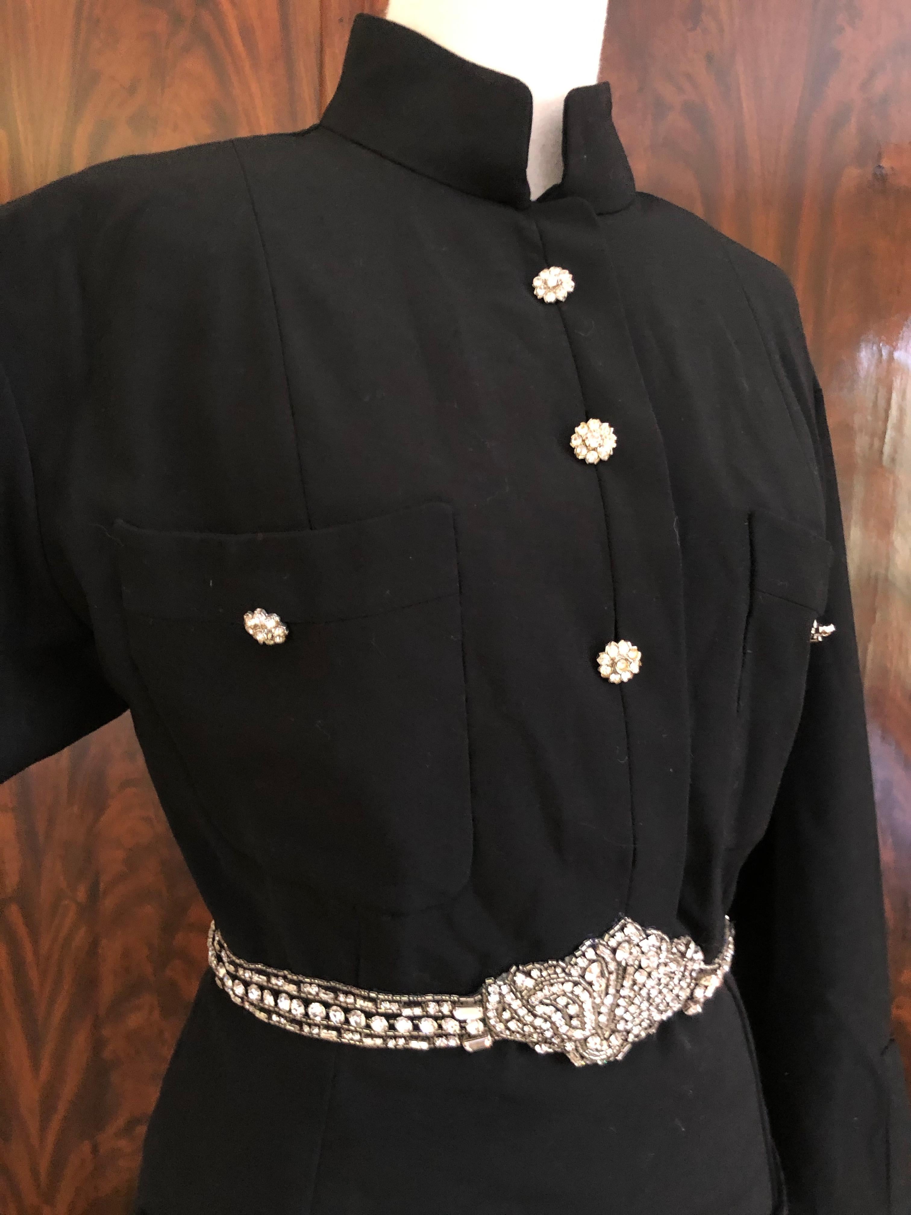 Chanel Vintage Military Style Little Black Dress with Crystal Embellished Belt For Sale 2