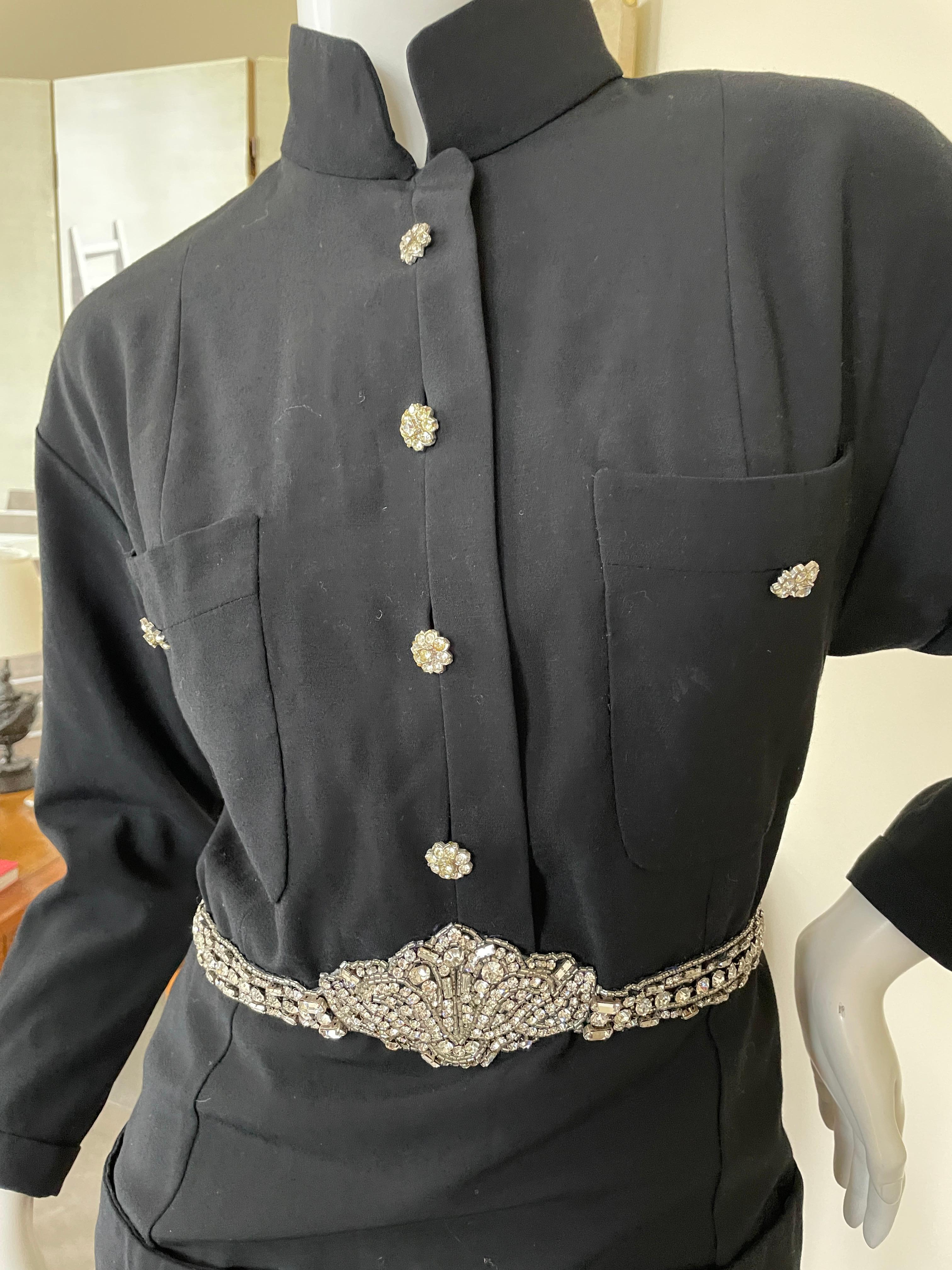 Chanel Vintage Military Style Little Black Dress with Crystal Embellished Belt In Excellent Condition For Sale In Cloverdale, CA