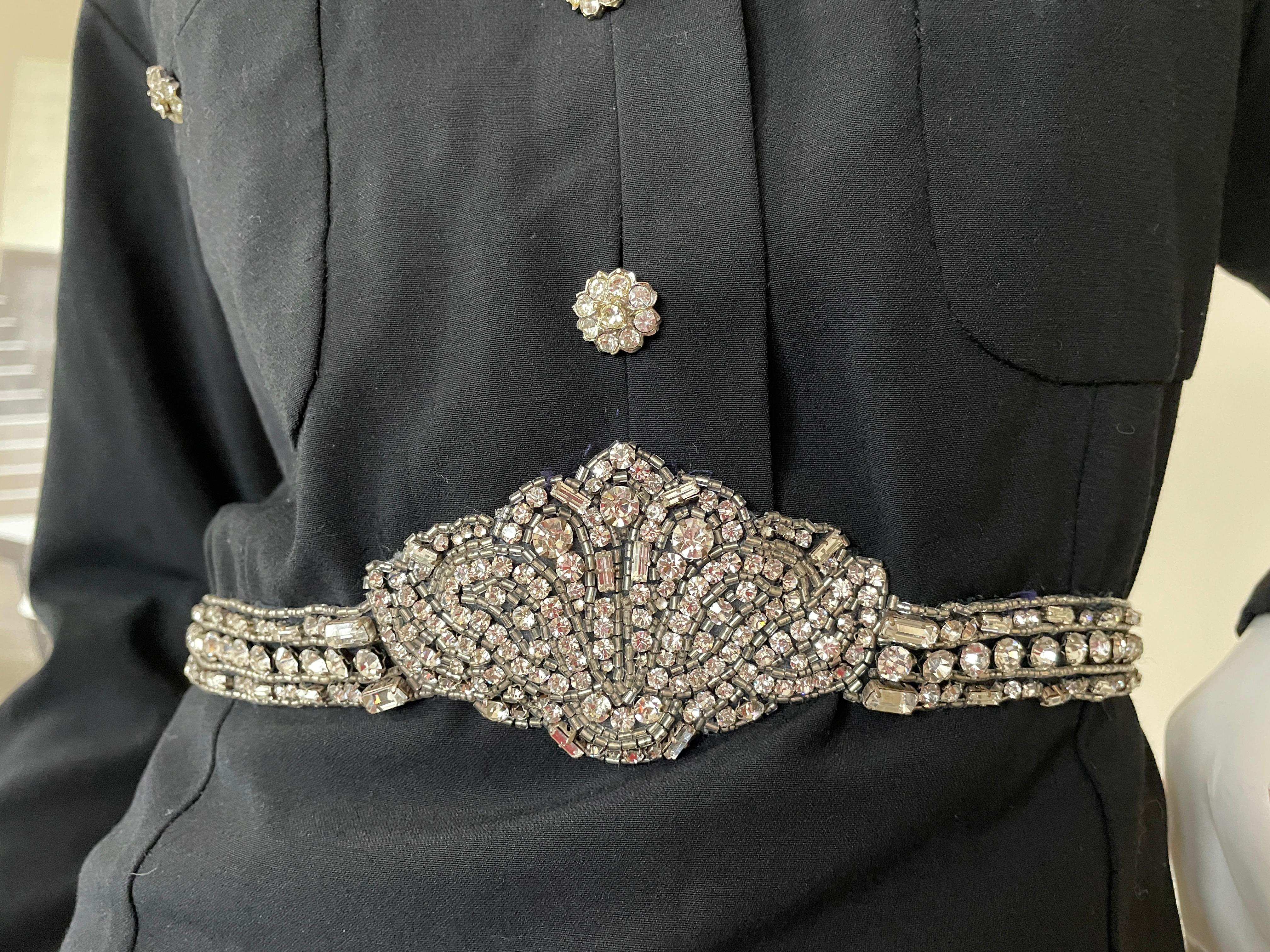 Chanel Vintage Military Style Little Black Dress with Crystal Embellished Belt For Sale 1