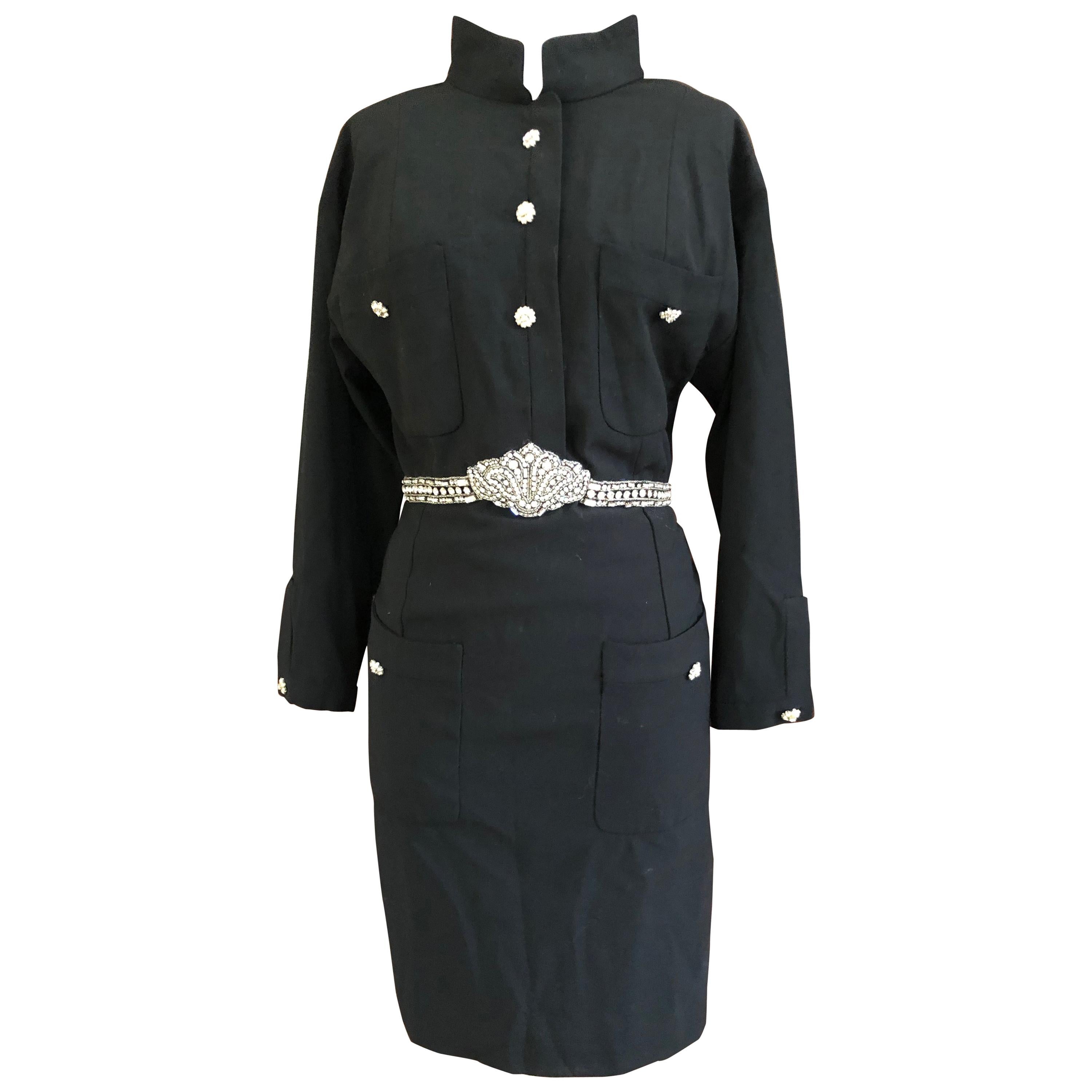 Chanel Vintage Military Style Little Black Dress with Crystal Embellished Belt For Sale