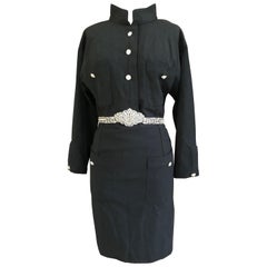 Chanel Vintage Military Style Little Black Dress with Crystal Embellished Belt